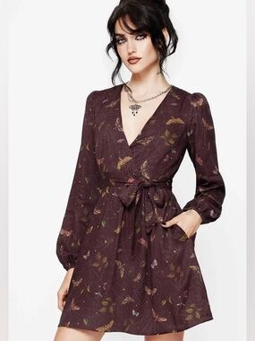 Disturbia Celia Moth Printed Mini Wrap Dress Burgundy Size 10 Missing Belt